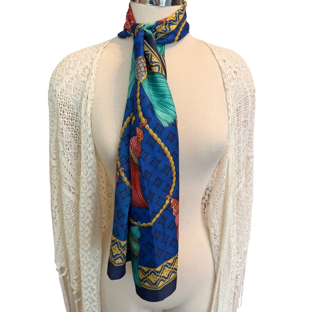 Vintage Royal Blue Tassel Rope‎ Print oblong Scarf Teal Red Neckerchief 30x30